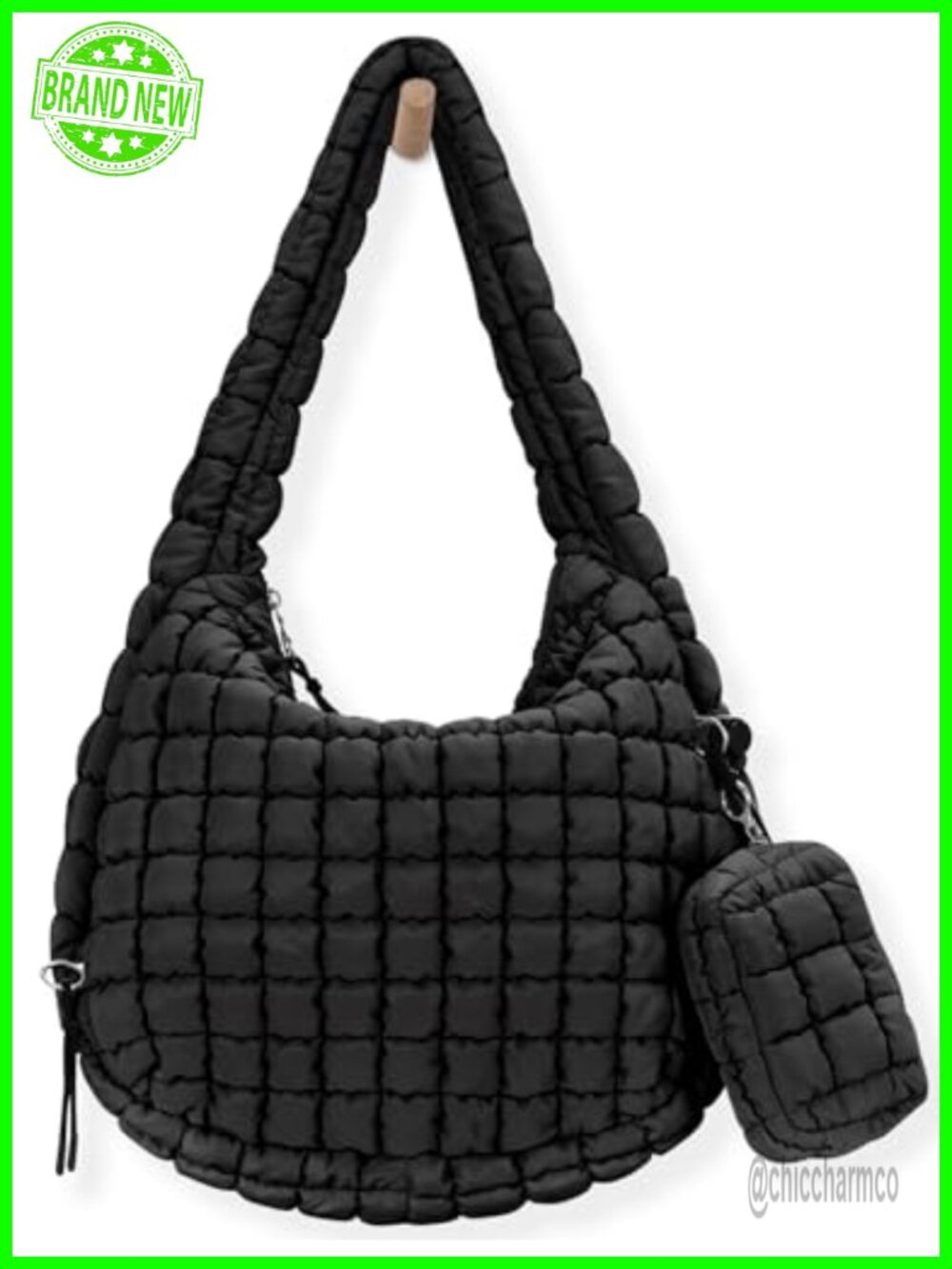 Quilted Nylon Puffer Tote Bag Lightweight Carryall Crossbody with Makeup Bag